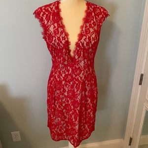 Aidan Mattox Lace Sheath Dress 14 red nude